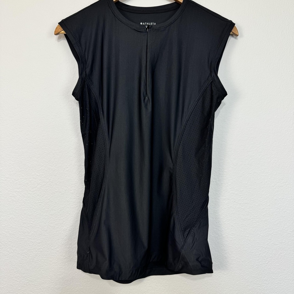 Athleta Pacifica II Tank Top Women's Small Black 1/4 Zip Mesh Sleeveless UPF‎